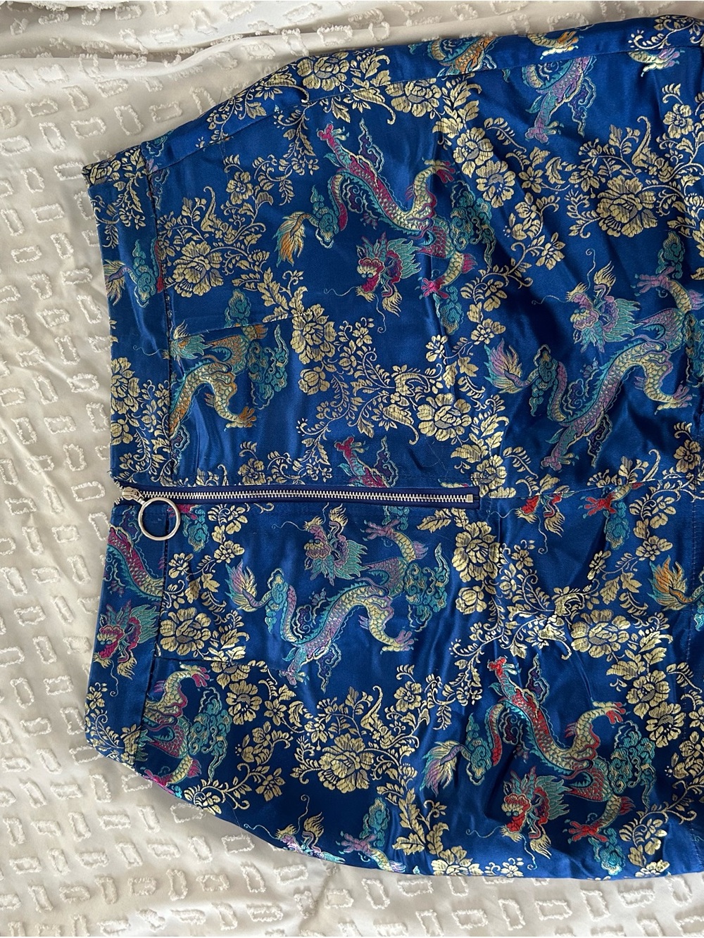 SHEIN Blue Satin Dragon Jacquard Mini Skirt with Gold Accents